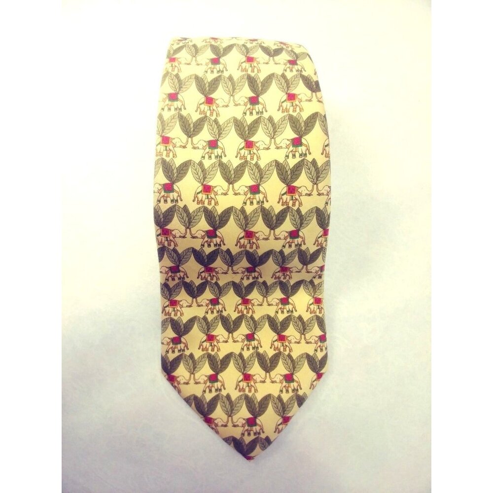 Jim Thompson Mens 100% Silk Tie Yellow Green Leaf with Elephants